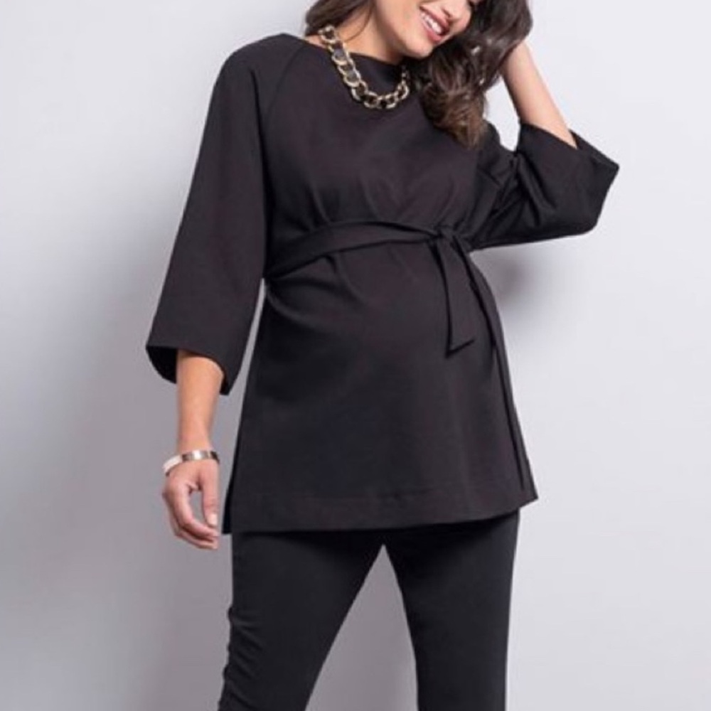 EUC Seraphine Ponte Knit Belted Tunic Top | Black Bamboo Print | Size 8